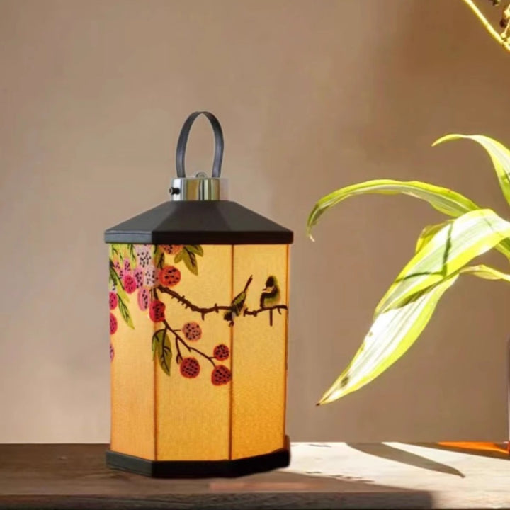 Traditional Chinese Embroidered Fabric Birdcage Shade Hardware USB Rechargeable LED Table Lamp For Living Room
