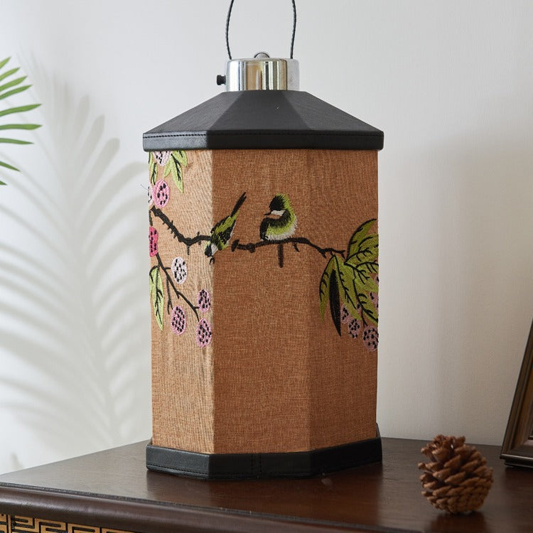 Traditional Chinese Embroidered Fabric Birdcage Shade Hardware USB Rechargeable LED Table Lamp For Living Room