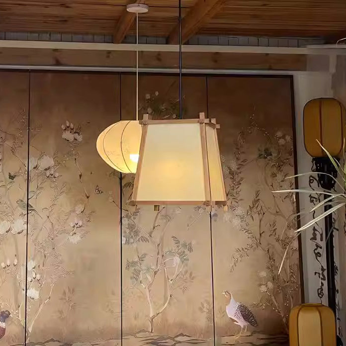 Traditional Chinese Zen Wood Frame Fabric 1-Light Pendant Light For Living Room
