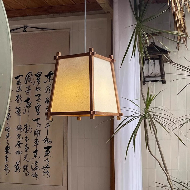 Traditional Chinese Zen Wood Frame Fabric 1-Light Pendant Light For Living Room