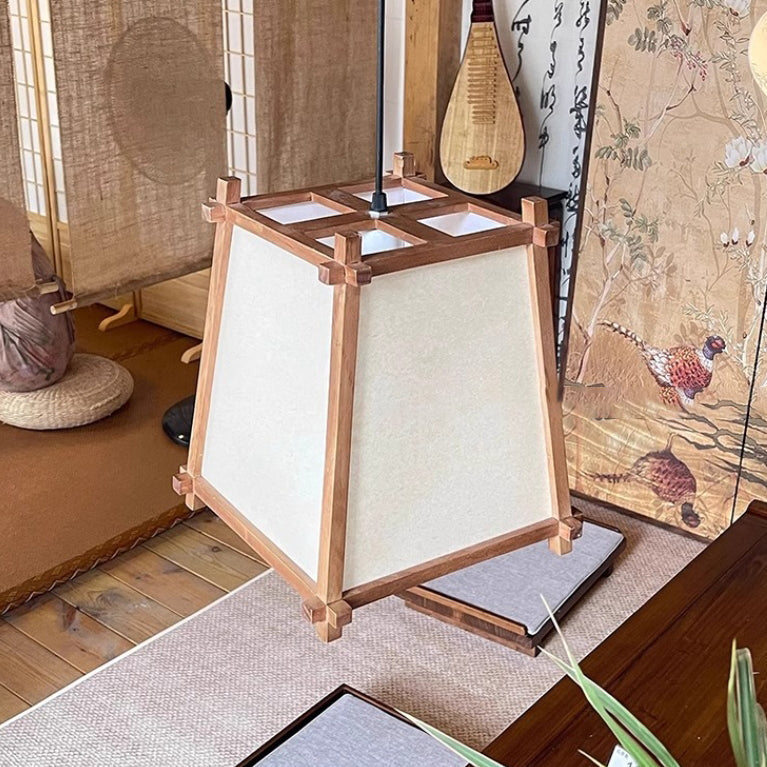 Traditional Chinese Zen Wood Frame Fabric 1-Light Pendant Light For Living Room