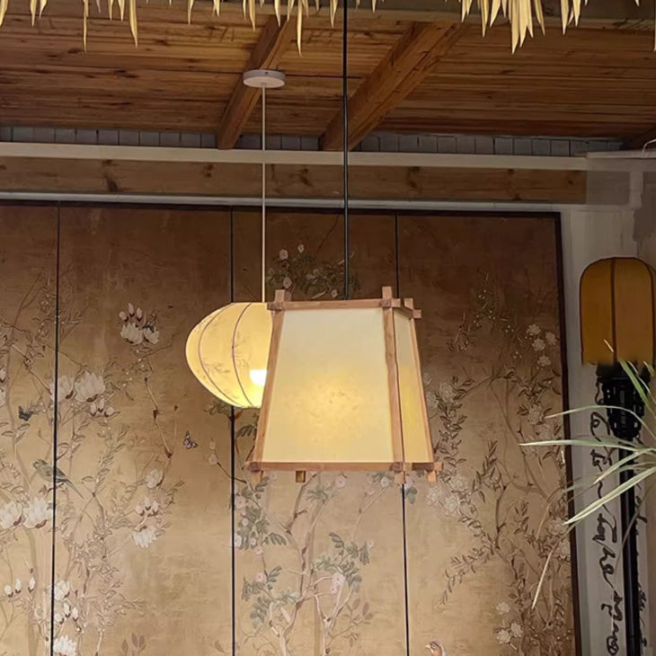 Traditional Chinese Zen Wood Frame Fabric 1-Light Pendant Light For Living Room