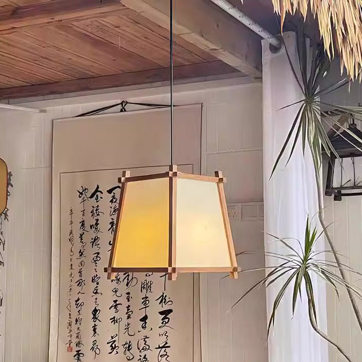 Traditional Chinese Zen Wood Frame Fabric 1-Light Pendant Light For Living Room