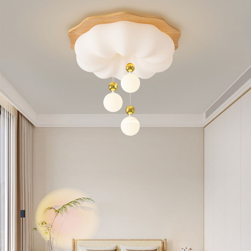 Contemporary Scandinavian Solid Wood PE Cloud Shade LED Flush Mount Ceiling Light For Bedroom