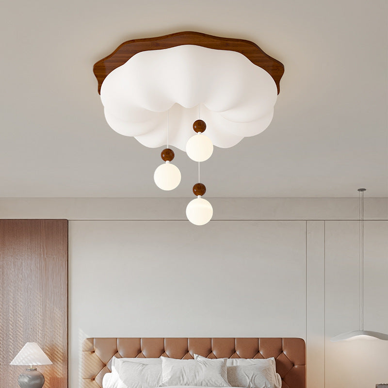 Contemporary Scandinavian Solid Wood PE Cloud Shade LED Flush Mount Ceiling Light For Bedroom