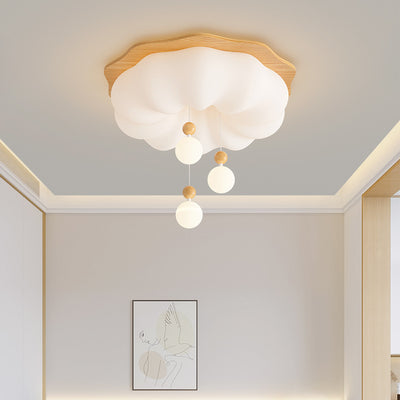 Contemporary Scandinavian Solid Wood PE Cloud Shade LED Flush Mount Ceiling Light For Bedroom