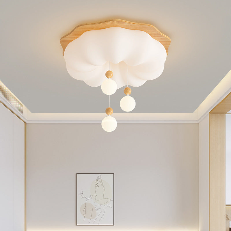 Contemporary Scandinavian Solid Wood PE Cloud Shade LED Flush Mount Ceiling Light For Bedroom
