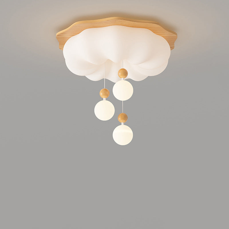 Contemporary Scandinavian Solid Wood PE Cloud Shade LED Flush Mount Ceiling Light For Bedroom