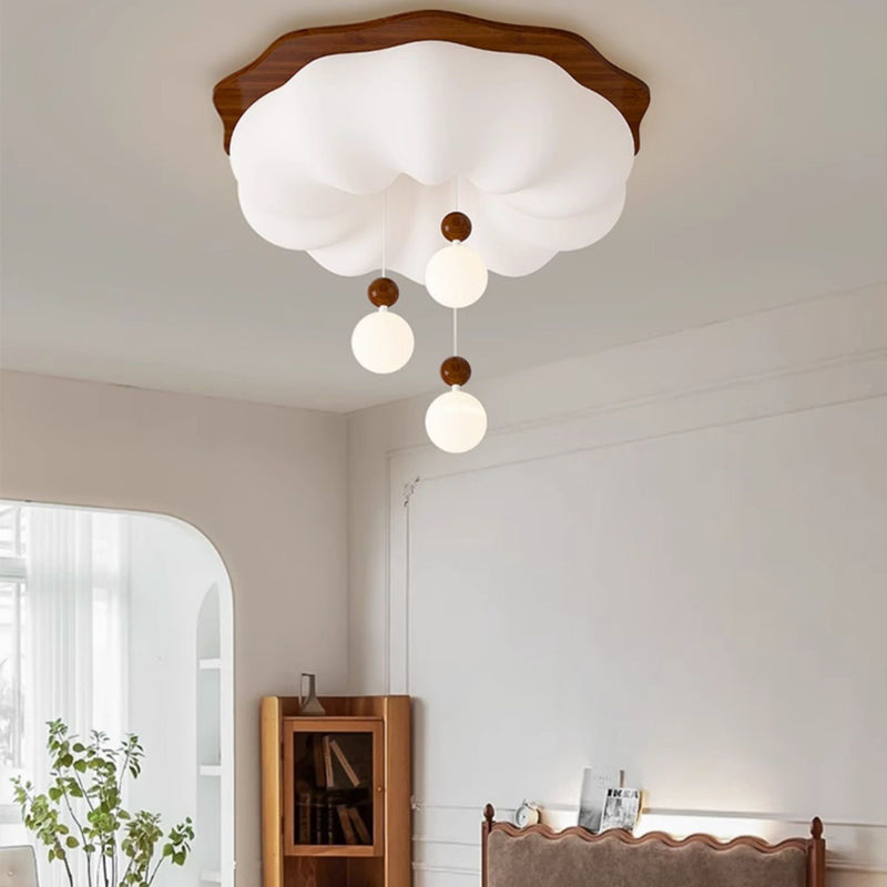 Contemporary Scandinavian Solid Wood PE Cloud Shade LED Flush Mount Ceiling Light For Bedroom