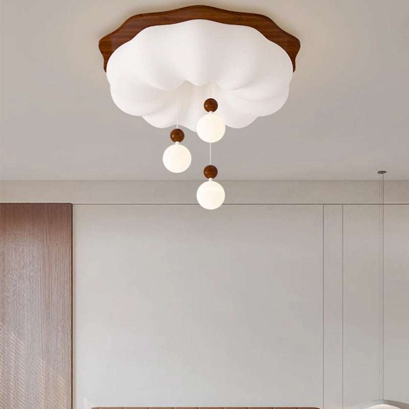 Contemporary Scandinavian Solid Wood PE Cloud Shade LED Flush Mount Ceiling Light For Bedroom