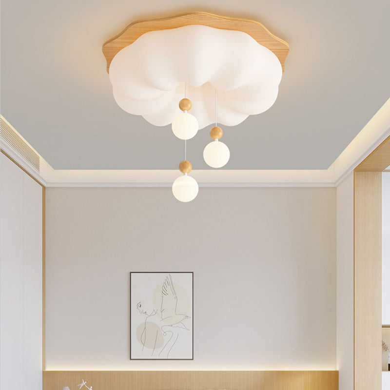 Contemporary Scandinavian Solid Wood PE Cloud Shade LED Flush Mount Ceiling Light For Bedroom