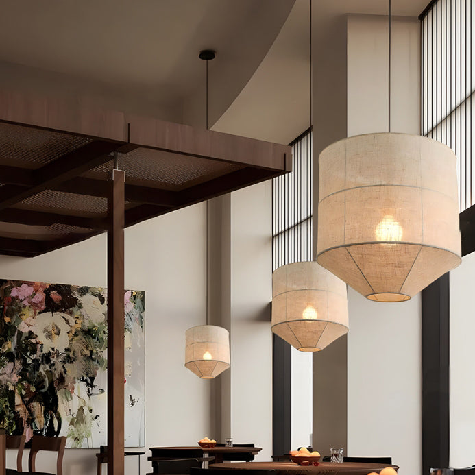 Traditional Japanese Zen Iron Fabric Cylinder Shade 1-Light Pendant Light For Living Room