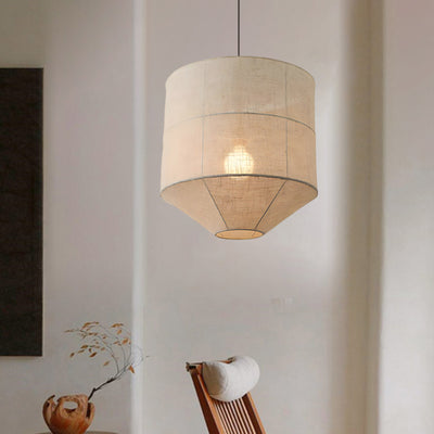 Traditional Japanese Zen Iron Fabric Cylinder Shade 1-Light Pendant Light For Living Room