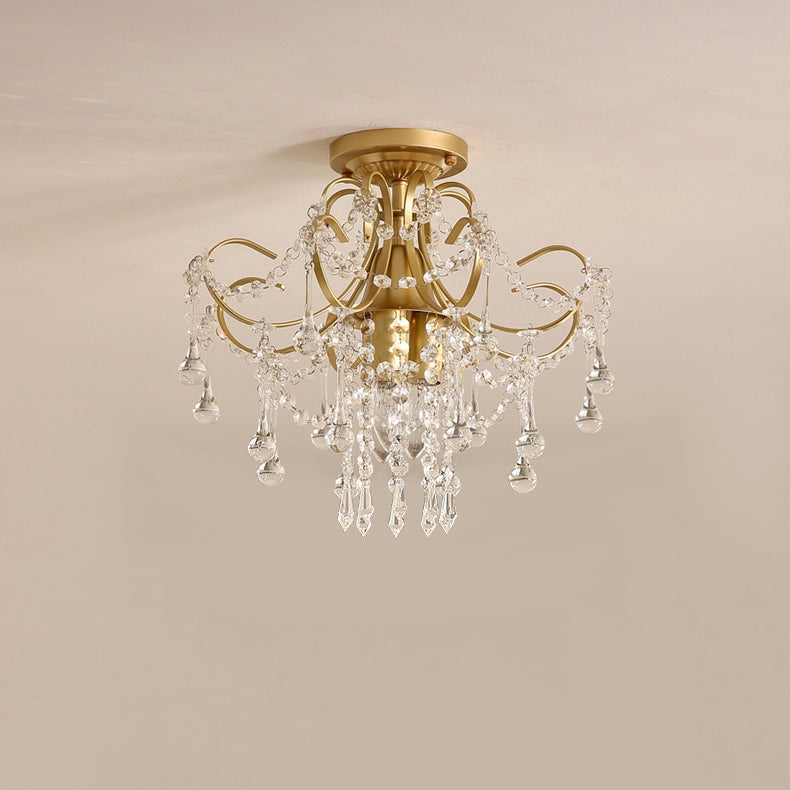 Contemporary Luxury Zinc Alloy Crystal Round 3-Light Semi-Flush Mount Ceiling Light For Living Room