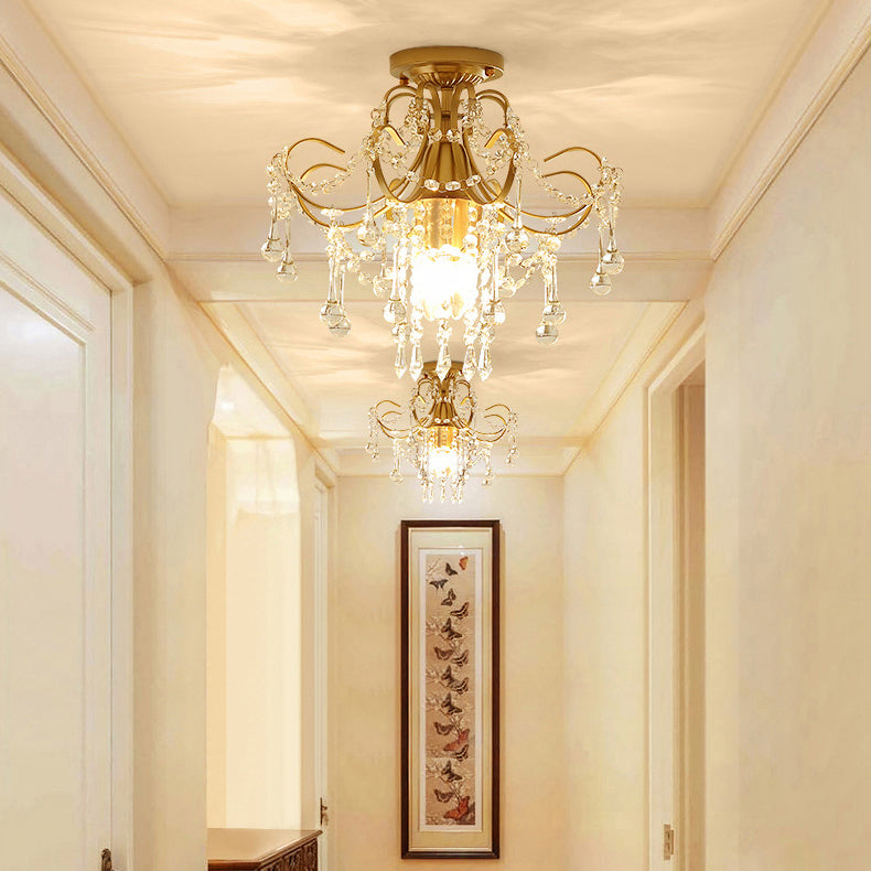 Contemporary Luxury Zinc Alloy Crystal Round 3-Light Semi-Flush Mount Ceiling Light For Living Room