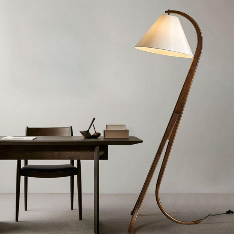 Traditional Japanese Conical Fabric Shade Arc Solid Wood 1-Light Standing Floor Lamp For Living Room