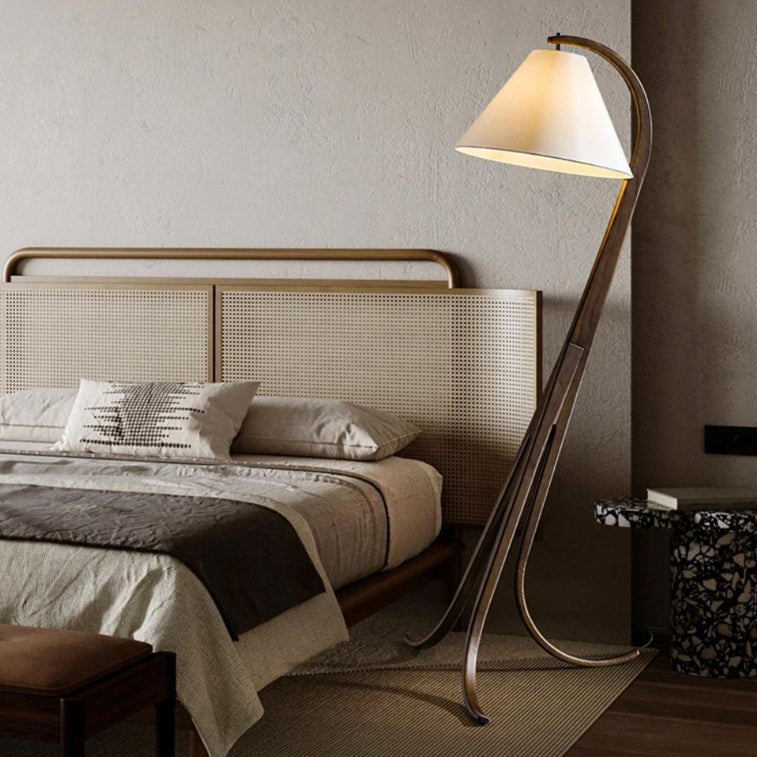 Traditional Japanese Conical Fabric Shade Arc Solid Wood 1-Light Standing Floor Lamp For Living Room