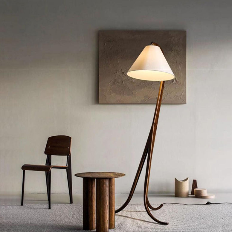 Traditional Japanese Conical Fabric Shade Arc Solid Wood 1-Light Standing Floor Lamp For Living Room