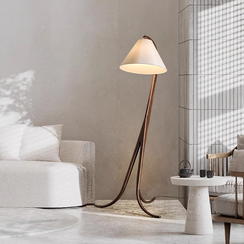 Traditional Japanese Conical Fabric Shade Arc Solid Wood 1-Light Standing Floor Lamp For Living Room