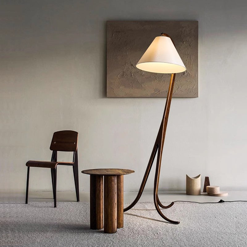 Traditional Japanese Conical Fabric Shade Arc Solid Wood 1-Light Standing Floor Lamp For Living Room