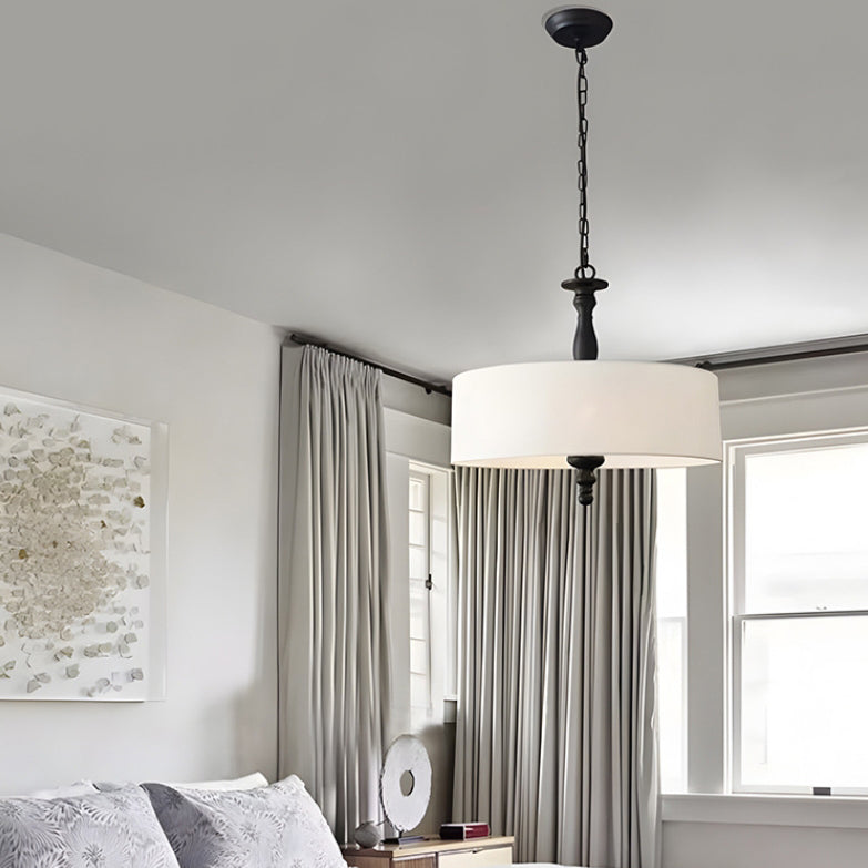 Traditional Japanese Fabric Cylinder Iron 1-Light Pendant Light For Living Room