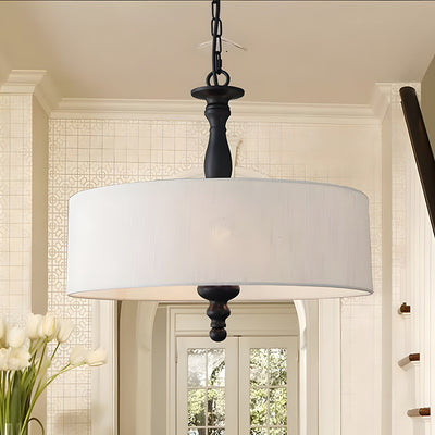 Traditional Japanese Fabric Cylinder Iron 1-Light Pendant Light For Living Room