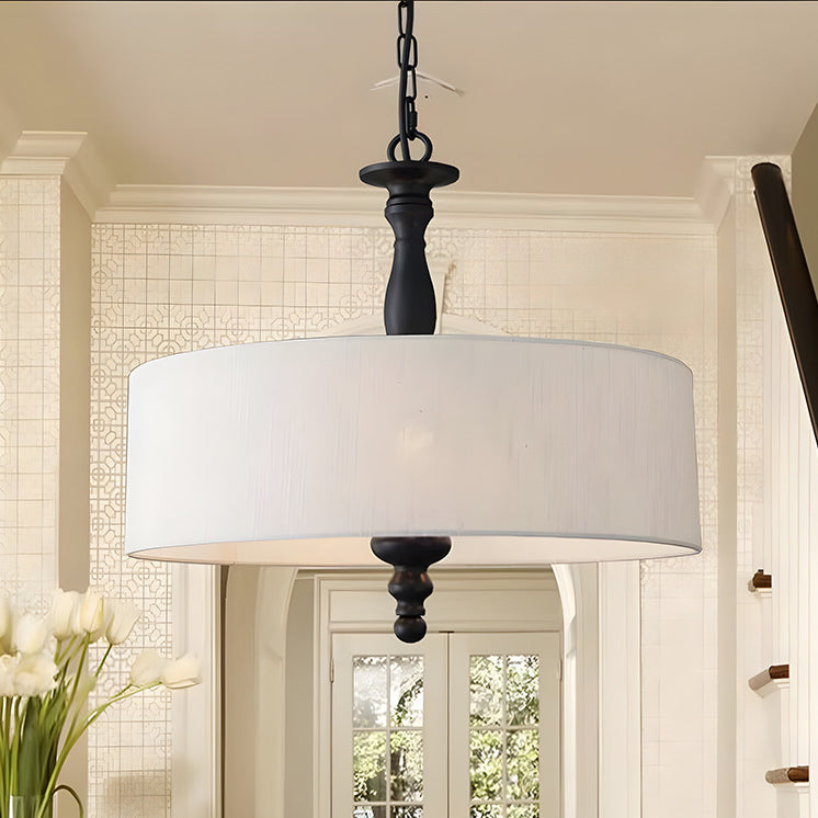 Traditional Japanese Fabric Cylinder Iron 1-Light Pendant Light For Living Room