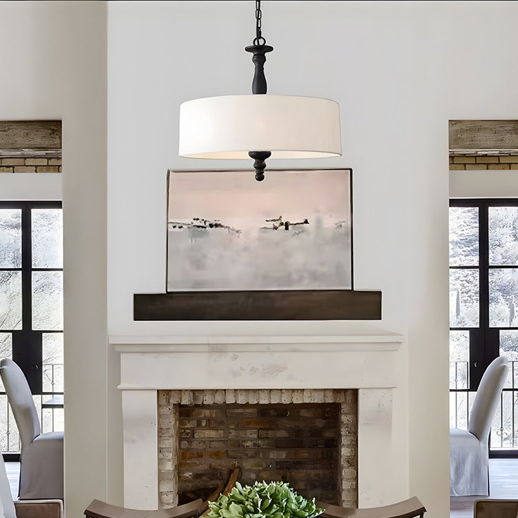 Traditional Japanese Fabric Cylinder Iron 1-Light Pendant Light For Living Room
