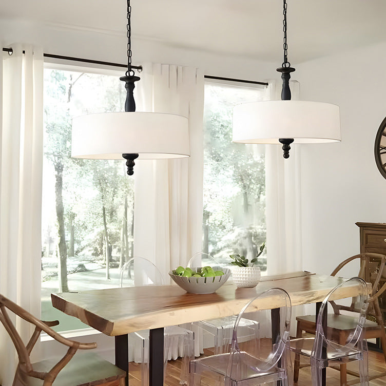 Traditional Japanese Fabric Cylinder Iron 1-Light Pendant Light For Living Room