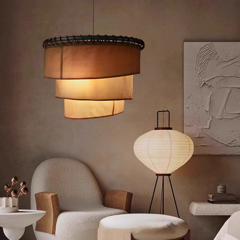 Traditional Japanese Multi-Layered Round Fabric Hardware 1-Light Pendant Light For Living Room