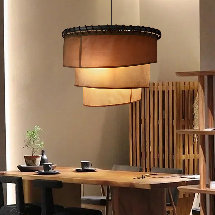 Traditional Japanese Multi-Layered Round Fabric Hardware 1-Light Pendant Light For Living Room