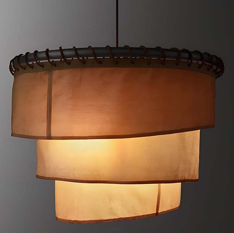 Traditional Japanese Multi-Layered Round Fabric Hardware 1-Light Pendant Light For Living Room