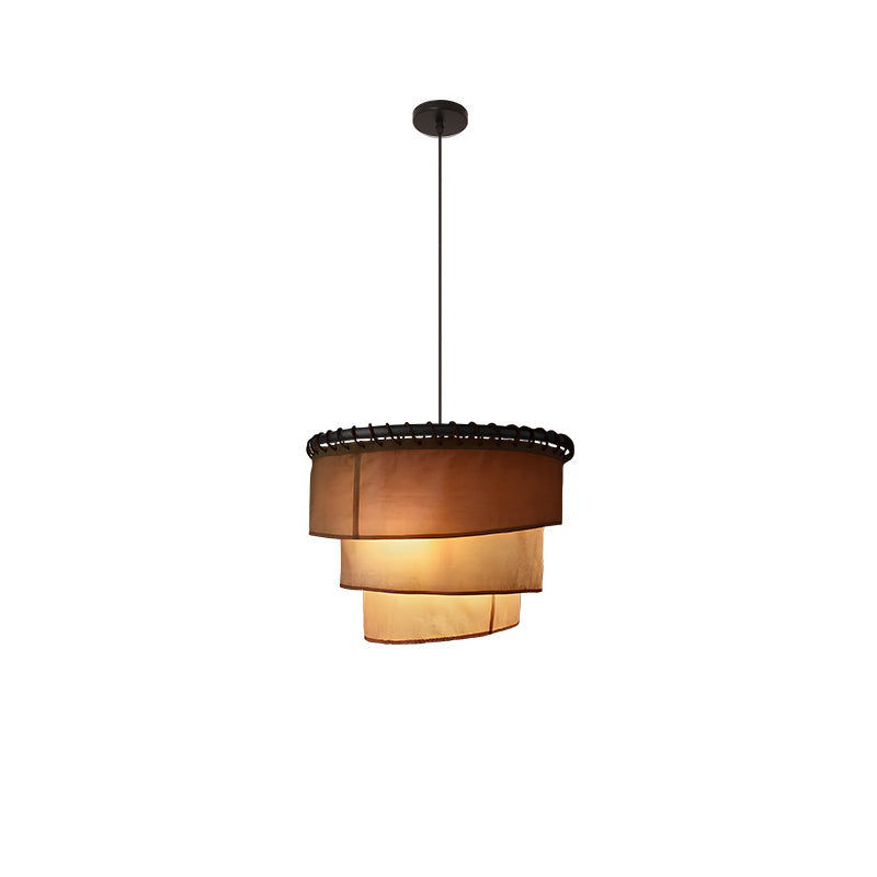 Traditional Japanese Multi-Layered Round Fabric Hardware 1-Light Pendant Light For Living Room