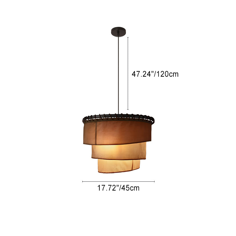 Lámpara colgante de una luz de hardware redondo de tela de múltiples capas tradicional japonesa para sala de estar 