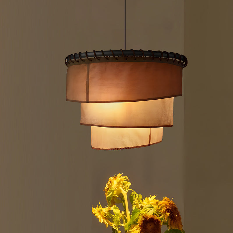 Traditional Japanese Multi-Layered Round Fabric Hardware 1-Light Pendant Light For Living Room