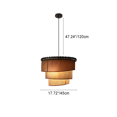 Traditional Japanese Multi-Layered Round Fabric Hardware 1-Light Pendant Light For Living Room