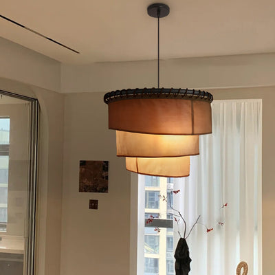Traditional Japanese Multi-Layered Round Fabric Hardware 1-Light Pendant Light For Living Room