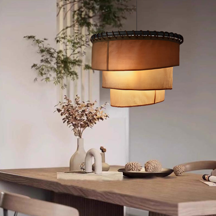 Traditional Japanese Multi-Layered Round Fabric Hardware 1-Light Pendant Light For Living Room