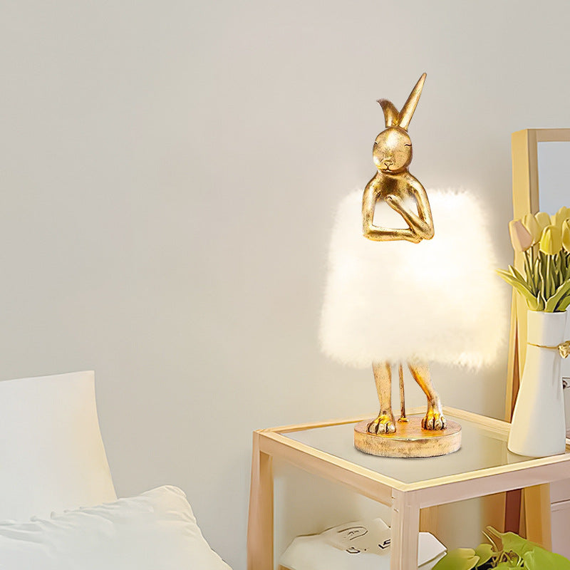 Contemporary Creative Rabbit Metal Feather Round 1-Light Table Lamp For Bedroom
