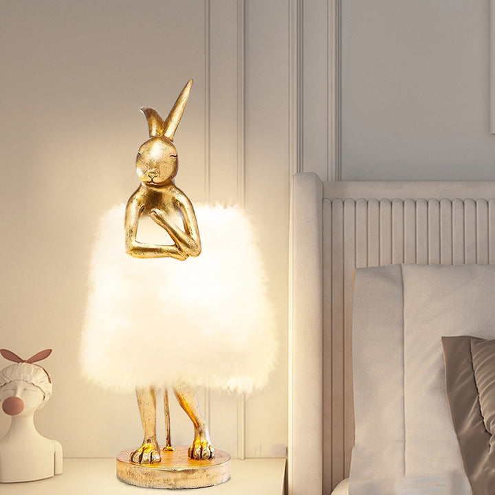 Contemporary Creative Rabbit Metal Feather Round 1-Light Table Lamp For Bedroom