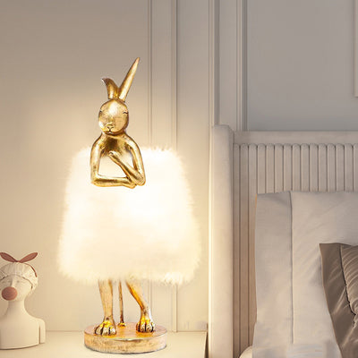 Contemporary Creative Rabbit Metal Feather Round 1-Light Table Lamp For Bedroom