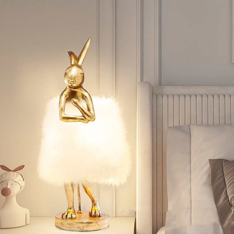 Contemporary Creative Rabbit Metal Feather Round 1-Light Table Lamp For Bedroom
