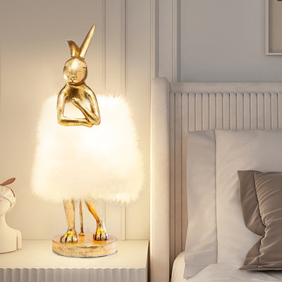 Contemporary Creative Rabbit Metal Feather Round 1-Light Table Lamp For Bedroom