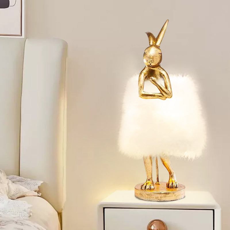 Contemporary Creative Rabbit Metal Feather Round 1-Light Table Lamp For Bedroom