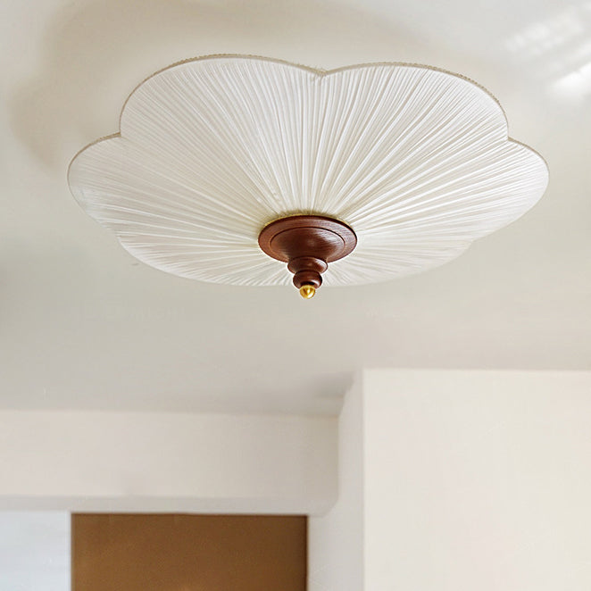 Traditional French Wood Hardware Plum Blossom Fabric Shade 3-Light Semi-Flush Mount Ceiling Light For Living Room