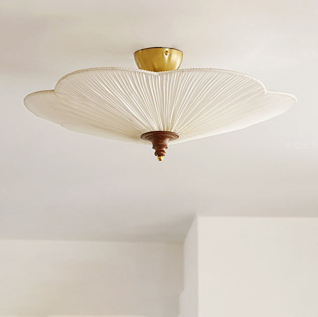 Traditional French Wood Hardware Plum Blossom Fabric Shade 3-Light Semi-Flush Mount Ceiling Light For Living Room