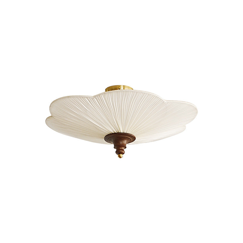 Traditional French Wood Hardware Plum Blossom Fabric Shade 3-Light Semi-Flush Mount Ceiling Light For Living Room