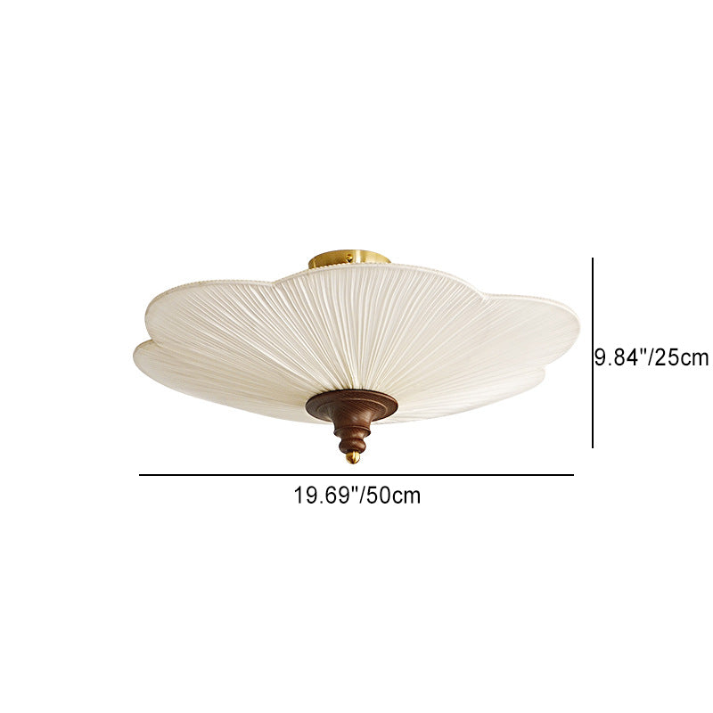 Traditional French Wood Hardware Plum Blossom Fabric Shade 3-Light Semi-Flush Mount Ceiling Light For Living Room