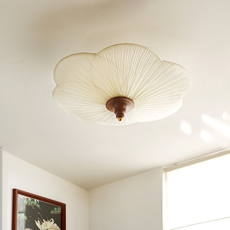 Traditional French Wood Hardware Plum Blossom Fabric Shade 3-Light Semi-Flush Mount Ceiling Light For Living Room