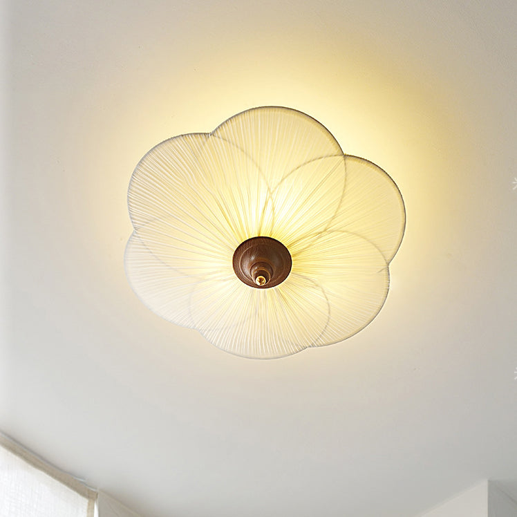Traditional French Wood Hardware Plum Blossom Fabric Shade 3-Light Semi-Flush Mount Ceiling Light For Living Room
